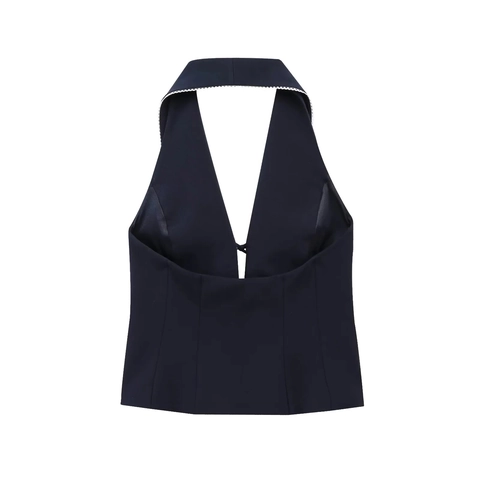 Dames Halter Neck Tank Top Golvende Revers Strik Slim Fit Polyester Twill Mouwloos Contrast Crop Vest