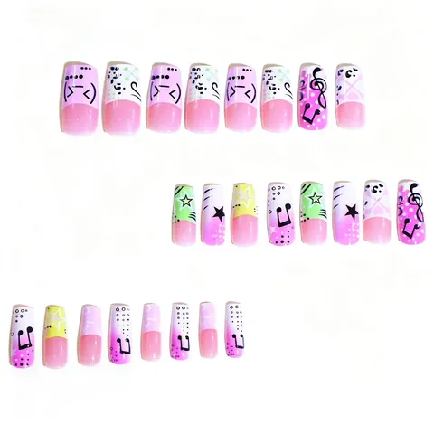 Unghie Finte Press On Lunghe Quadrate ABS Motivo Note Musicali Stella Stile Francese Y2K Dolce Cool Nail Art Donna