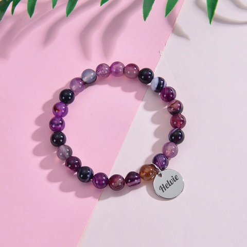 Natural Stone Beaded Bracelet With Stainless Steel Round Disc Pendant Elastic Handmade Jewelry For Men And Women