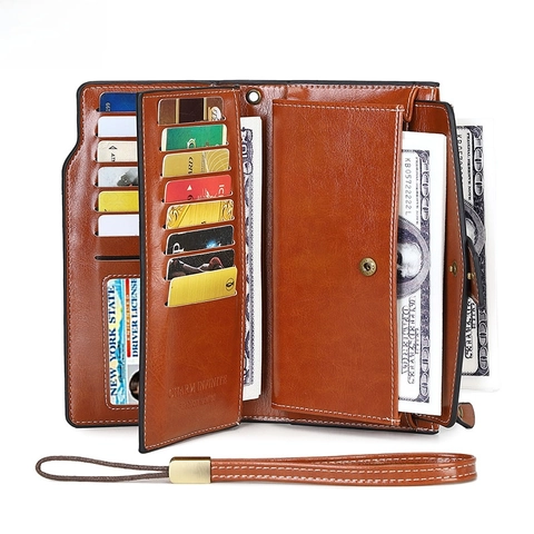 Damen Geldbörse Lang Öl Wachs PU Leder RFID Schutz Große Kapazität Clutch Handtasche Mit Handschlaufe Vintage Stil