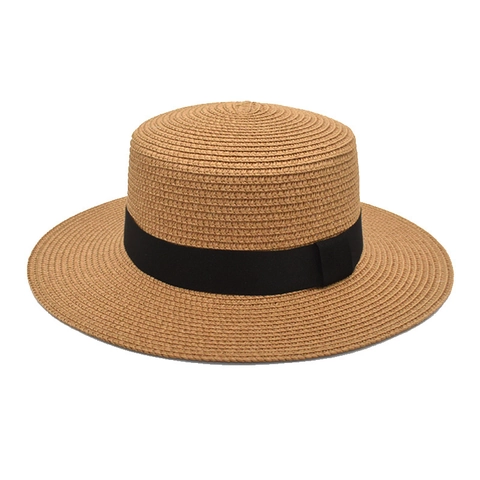 Classic Straw Boater Hat Flat Top Wide Brim Sun Protection Summer Beach Travel Ribbon Decor For Women Men