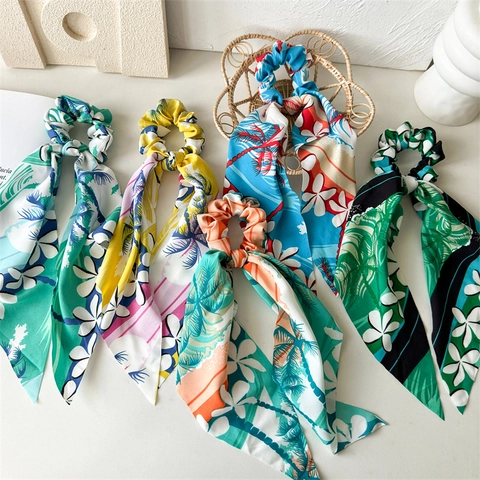Tropischer Palmen Blumenmuster Satin Schal Haargummi Damen Elastische Haarbänder Mit Langer Schleife Sommer Strand Urlaub Accessoires