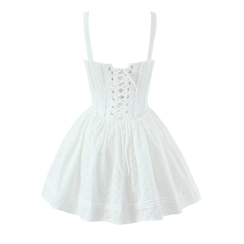 Mini Abito Bianco Pizzo Cotone Fiocco Nastro Blu Dolce Stile Lolita Senza Maniche Cami Scollo Cuore Schiena Scoperta Donna