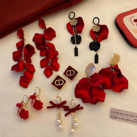 Pendientes Vintage Pétalos De Rosa Roja Con Poste De Plata Aleación Lazo Terciopelo Perla Artificial Joyas Florales Para Mujer