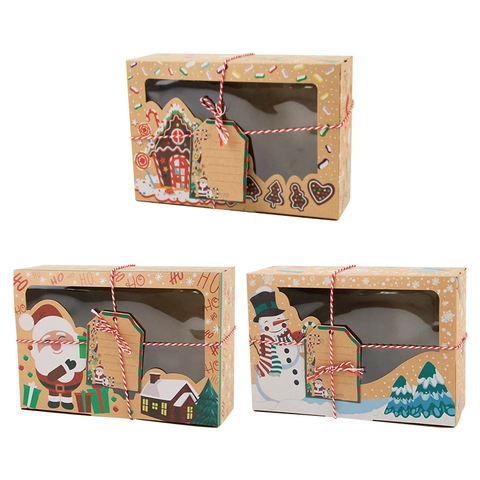 Christmas Cookie Boxes Kraft Paper Gift Box With Window And String Tags For Holiday Baking Treats Gingerbread House Pattern