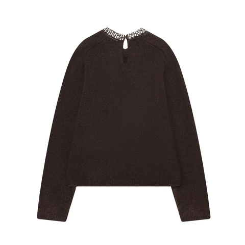 Rhinestone Embellished Collar Knitted Sweater Women Round Neck Long Sleeve Pullover Soft Knit Autumn Casual Fashion Top