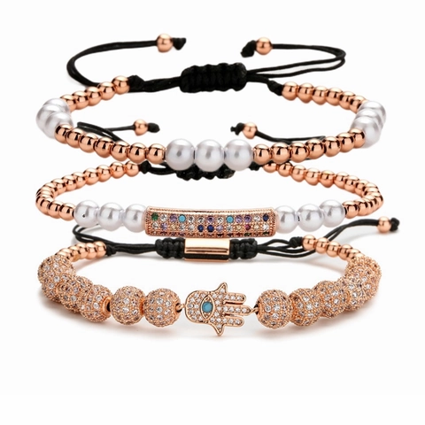 Pulsera Trenzada Mano De Fátima Mal De Ojo Cobre Micro Circón Perla Artificial De Imitación Cordón Ajustable Joyería De Moda Mujer