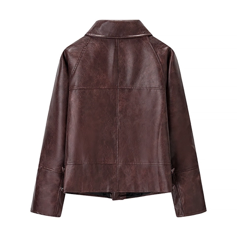 Women's Fashion Brown PU Leather Jacket Lapel Three Button Casual Streetwear Faux Leather Coat Long Sleeve Solid Outerwear