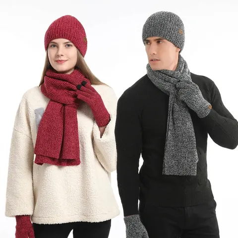 Winter Warm Strick Acryl Mütze Schal Und Touchscreen Handschuhe Kombi Verdickte Rippen Thermische Outdoor Accessoires Für Herren Damen