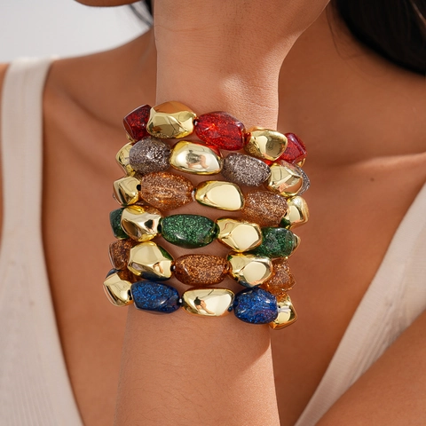 Pulsera De Cuentas Bohemia Mujer Resina Brillante Irregular Y Aleación Dorada Pulsera Elástica Joyería Vintage