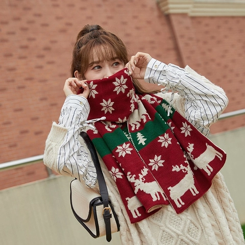 Écharpe D'hiver En Tricot De Noël Épaisse Chaude Renne Bonhomme De Neige Flocon Jacquard Doux Cadeau De Fêtes Homme Femme