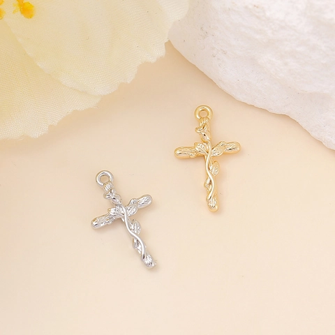 Cross Pendant Copper Gold Plated Vine Leaf Wrapped DIY Jewelry Making Accessory For Necklace Bracelet Earring