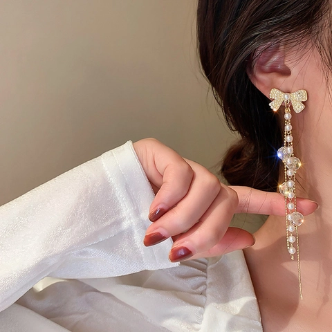 Long Tassel Drop Earrings With Bowknot Imitation Artificial Pearl Crystal And 925 Sterling Silver Earring Post