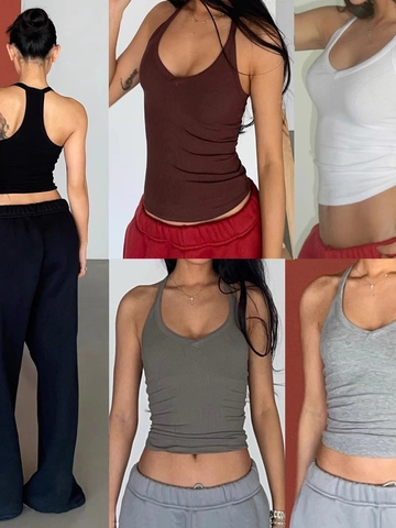 Women Halter V Neck Ribbed Knit Tank Top Slim Fit Racerback Sleeveless Camisole Viscose Spandex Summer Streetwear