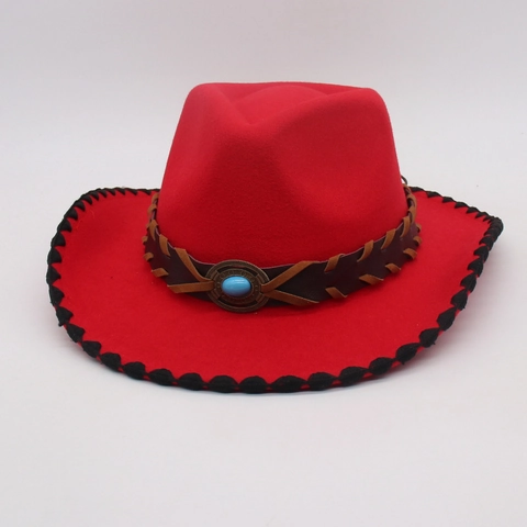 Western Cowboy Hat Cotton Polyester Felt With Faux Turquoise Braided Leather Band Whipstitch Brim Fedora For Men Women