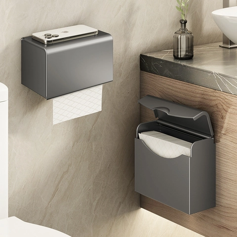 Wandmontage Toilethouder Gunmetal Grijs Ruimte Aluminium Waterdicht Tissue Box Opbergplank Badkamer Klapdeksel