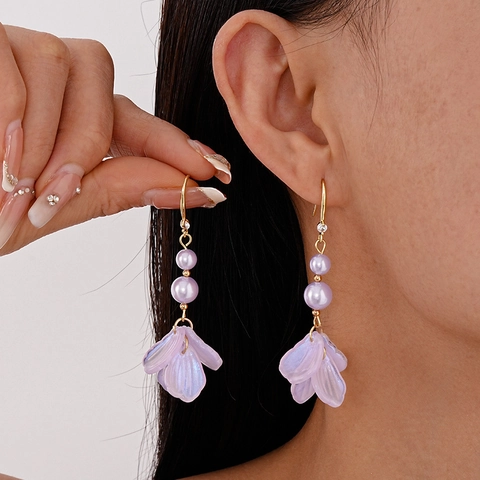 Violette Acryl Blütenblatt Imitation Künstliche Perle Lange Quaste Ohrringe Mit Kupferhaken Zirkon Urlaub Stil Für Frauen