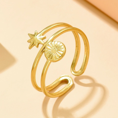 Vintage Edelstahl Verstellbarer Ring Damen Vergoldet Sternenlicht Textur Stern Sonnenstrahl Mehrlagig Offener Schmuck