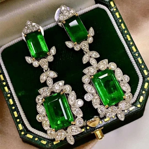 Orecchini Pendenti in Rame Vintage Zirconia Verde Smeraldo per Donna Lussuosi Orecchini a Goccia Rettangolari con Strass