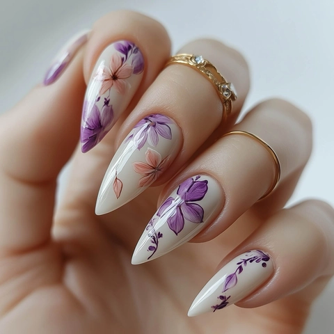 Faux Ongles Press On Longue Amande Tulipe Violette Floral Aquarelle Élégante Style Français Manucure Art