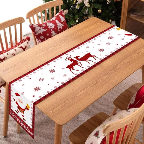 Camino De Mesa Navidad Poliéster Papá Noel Campana Reno Copo De Nieve Rojo Negro Cuadros Decoración Mesa Fiesta