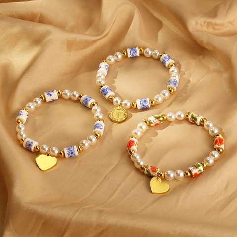 Vintage Beaded Bracelet Stainless Steel Imitation Artificial Pearl Resin Ceramic Beads Heart Coin Pendant Bohemian Style Women