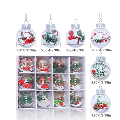 Clear Christmas Ball Ornaments Hanging Tree Baubles Festive Holiday Home Decor PET Plastic Filled Red Berries Foam Snow