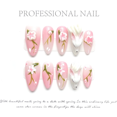 Handmade Press On Nails 3D Fox Relief Sakura Hand Painted Pink Gradient Elegant Artificial Fingernails Sweet Style