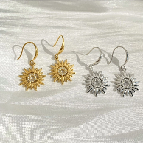 Stainless Steel Sunburst Dangle Hook Earrings With Rhinestone Sunflower Flower Elegant Women Jewelry PVD Gold Plated