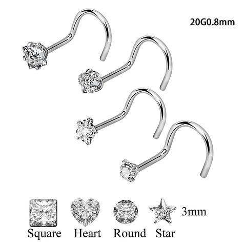 Stainless Steel Zircon Nose Studs L Shape S Shape Straight Post Star Heart Round Square Piercing Jewelry For Women Men