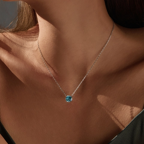 Collier Pendentif en Zirconia Bleu Clair Taille Rose en Argent Sterling 925 pour Femmes Bijoux Chaîne de Clavicule Géométrique