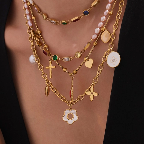Edelstahl Mehrlagige Halskette Für Damen Gold Zirkon Heiliges Herz Kreuz Kleeblatt Blume Süßwasserperle Boho Schmuck