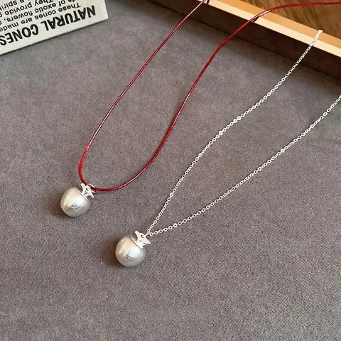 Collana Con Ciondolo A Mela Rame Spazzolato Opaco Forma Di Frutto Regolabile Corda In Pelle Rossa Catena Sottile Per Donna