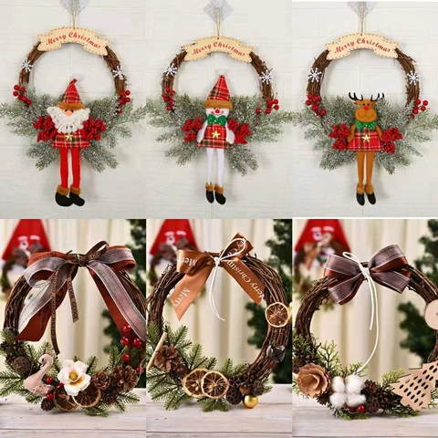 Christmas Wreath Door Hanging Rattan Santa Snowman Reindeer Plush Doll Artificial Berries Pine Cones Holiday Home Decor
