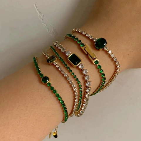 Pulsera De Tenis De Acero Inoxidable Para Mujer Circonita Verde Corte Esmeralda Chapada En Oro Lujo Joyería Ajustable