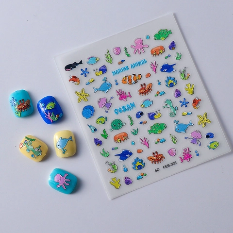 5D Embossed Nail Stickers Ocean Marine Animal Theme Self Adhesive Waterproof 3D Relief Manicure Decorations For Women