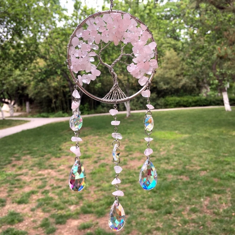 Tree Of Life Suncatcher Natural Crystal Stones Handmade Wire Wrapped Hanging Ornament Rainbow Maker Prism Window Garden Decor