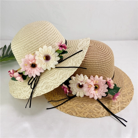 Chapeau De Paille Femme Été Bob Large Bord Protection Solaire Pliable Chapeau De Plage Avec Décoration De Grande Fleur Et Cordon
