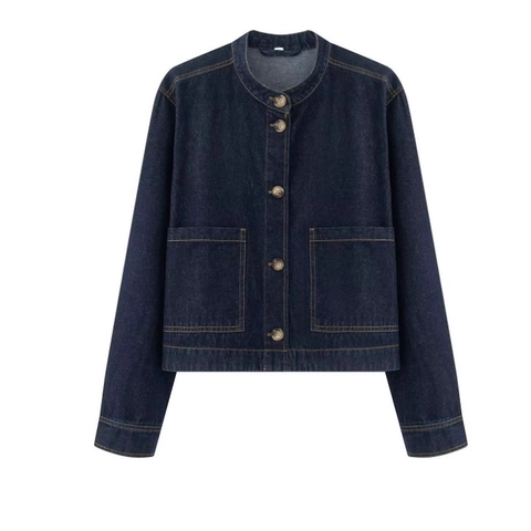 Women Denim Jacket Crew Neck Long Sleeve Single Breasted Patch Pockets Short Casual Coat