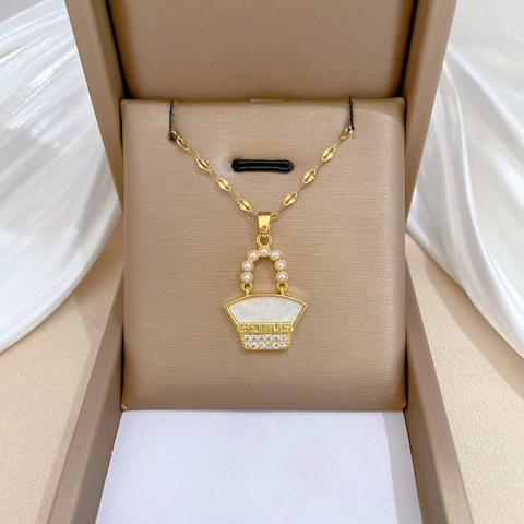 Collar Colgante Bolso De Lujo Con Perla Artificial Concha Circón Cadena Acero Inoxidable Para Mujer Joyería Letra Genius Elegante