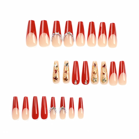 Press On Nails Long Coffin Rood Nude French Tip Met Herfst Esdoornblad Lovertjes En Steentjes Kunstnagels Voor Vrouwen