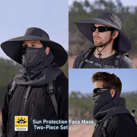 Outdoor Sun Hat With Removable Face Mask Neck Flap Nylon Breathable Wide Brim UV Protection Hiking Fishing For Men