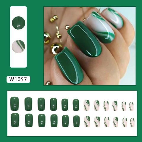 Emerald Green Marble Pattern Press On Nails ABS Plastic Square Medium Length Wave Texture Glossy Manicure For Women