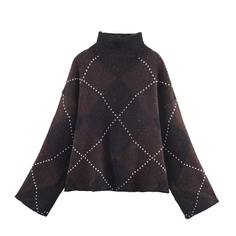 Top In Maglia Di Poliestere Con Motivo A Rombi E Mini Gonna A Collo Alto Maniche Lunghe Pullover Retro Donna Streetwear