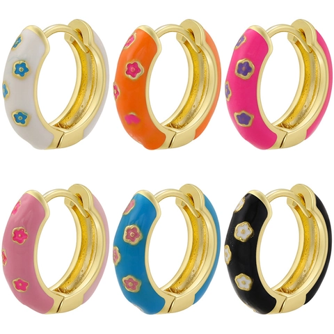 Brass Gold Plated Flower Hoop Earrings Colorful Enamel Oil Drip Sweet Fresh Floral Jewelry For Women Girls