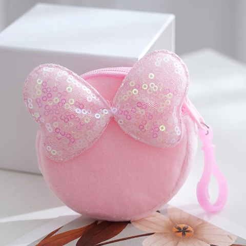 Round Plush Coin Purse With Large Sequin Bow Soft Small Wallet Keyring Hook Pouch For Girls Women Cute Candy Color