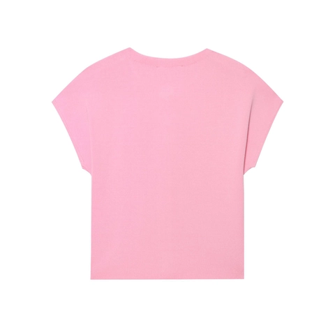 Pink Short Sleeve Knit Cardigan Round Neck Top With Silver Heart Buttons Elegant Sweet Polyester Solid Knitwear