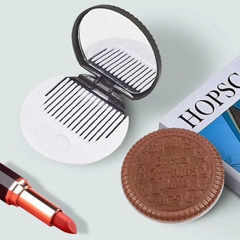 Portable Folding Makeup Mirror With Comb Round Chocolate Cookie Shape Cute Pocket Cosmetic Vanity Tool For Travel