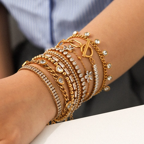 Gold Plated Stainless Steel Bracelet For Women With Zircon Heart Flower Pendant Elegant Adjustable Fashion Jewelry