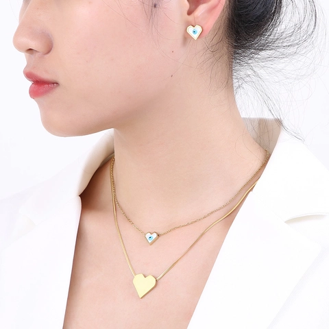 Stainless Steel Double Layer Necklace And Heart Crown Evil Eye Stud Earrings Gold Plated Fashion Jewelry For Women